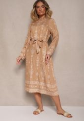 Beżowa Pudełkowa Sukienka Boho w Etniczne Wzory z Paskiem Lisalenea. Brązowe sukienki damskie Renee, bez wzorów, boho, bez ramiączek. W wyprzedaży za 83.99 zł.