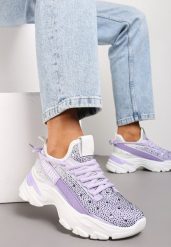 Fioletowe Sneakersy z Błyszczącymi Cyrkonami i Napisem Halerin. Fioletowe obuwie sportowe damskie Renee, bez zapięcia. Za 119.99 zł.