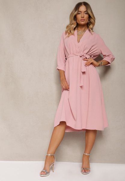 Ciemnoróżowa Sukienka Canopis. Czerwone sukienki damskie Renee, bez wzorów, z materiału, eleganckie, bez ramiączek. Za 89.99 zł.