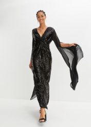 Sukienka z cekinami i długimi rękawami szyfonowymi. Czarne sukienki damskie bonprix, bez wzorów, z szyfonu, eleganckie, bez ramiączek. Za 329.99 zł.