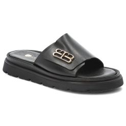 Czarne Klapki Armodo Eleganckie Obuwie Damskie. Czarne klapki damskie Armodo, z aplikacjami, ze skóry, bez obcasa, bez zapięcia. Za 289.00 zł.