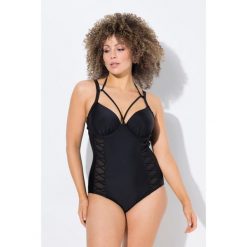 Damski Strój kąpielowy miękkie miseczki z fiszbinami wiązany z tyłu na szyi. Czarne stroje jednoczęściowe Ulla Popken, bez wzorów, z elastanu. Za 279.99 zł.