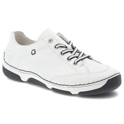 Półbuty damskie Rieker, cholewka skóra naturalna klasyczne sznurowanie i lekka elastyczna podeszwa zapewniają komfort, białe, 55901-80. Białe półbuty damskie Rieker, bez wzorów, z jeansu, bez obcasa, bez zapięcia. Za 349.00 zł.