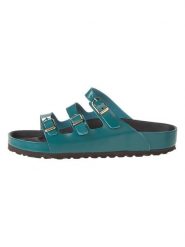 Birkenstock Skórzane klapki w kolorze turkusowym rozmiar: 39. Niebieskie klapki damskie Birkenstock, bez wzorów, z otwartym noskiem, bez obcasa, bez zapięcia. Za 649.95 zł.