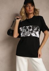 Czarna Bawełniana Koszulka T-shirt z Nadrukiem Czaszki Lanavira. Czarne bluzki damskie Renee, l, bez wzorów, z bawełny, bez kołnierzyka, bez ramiączek. Za 34.99 zł.