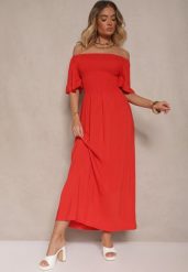 Czerwona Rozkloszowana Sukienka Hiszpanka z Bawełny z Elastyczną Górą Maissa. Czerwone sukienki damskie Renee, bez wzorów, z bawełny, eleganckie, bez ramiączek. W wyprzedaży za 43.99 zł.