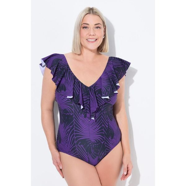 Damski Kostium kąpielowy wzór skóra węża miękkie miseczki falbana z recyklingu. Fioletowe stroje jednoczęściowe Ulla Popken, bez wzorów, z elastanu. W wyprzedaży za 191.99 zł.