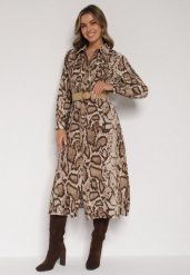 Brązowa Sukienka Koszulowa z Wiskozą Zdobiona Paskiem i Wzorem w Węża Delane. Brązowe sukienki damskie Born2be, z aplikacjami, z materiału, biznesowe, bez ramiączek. Za 129.99 zł.