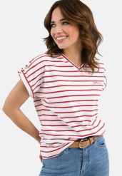 T-shirt w paski, Comfort Fit, T-PORTO. Czerwone t-shirty damskie Volcano, xxl, bez wzorów, z bawełny, bez kołnierzyka. Za 64.99 zł.