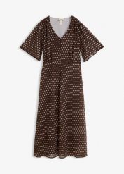 Sukienka midi ze strukturalnego szyfonu. Brązowe sukienki damskie bonprix, bez wzorów, z szyfonu, eleganckie, bez ramiączek. Za 169.99 zł.