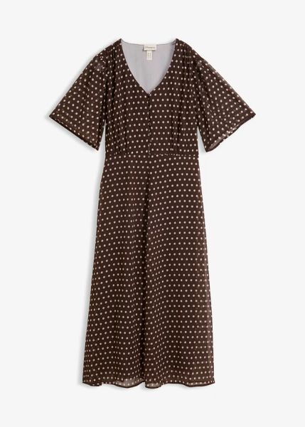 Sukienka midi ze strukturalnego szyfonu. Brązowe sukienki damskie bonprix, bez wzorów, z szyfonu, eleganckie, bez ramiączek. Za 169.99 zł.