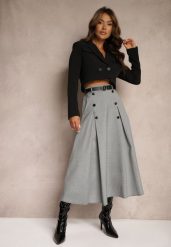Szaro-Czarna Spódnica o Rozkloszowanym Kroju High Waist z Guzikami Paskiem i Gumką w Talii Verianne. Szare spódnice damskie Renee, l, bez wzorów, z materiału, midi. Za 129.99 zł.