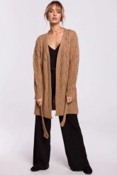 Długi kardigan ażurowy sweter z paskiem beżowy. Brązowe kardigany damskie MOE, l, w ażurowe wzory, z dzianiny. Za 249.00 zł.