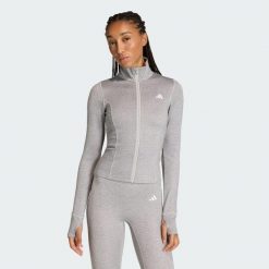 Bluza do ćwiczeń Essentials Heather z suwakiem na całej długości. Szare bluzy damskie Adidas, l, bez wzorów, z dzianiny, bez kaptura. Za 239.00 zł.