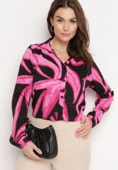 Fuksjowo-Czarna Koszula Ozdobiona Akwarelowym Wzorem Muirella. Czerwone koszule damskie Born2be, m, bez wzorów, bez kołnierzyka, bez ramiączek. Za 34.99 zł.