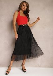 Czarna Rozkloszowana Spódnica z Tiulu Wykończona Gumką w Pasie Risshara. Czarne spódnice damskie Renee, na co dzień, l, bez wzorów, z tiulu, eleganckie, midi. Za 49.99 zł.