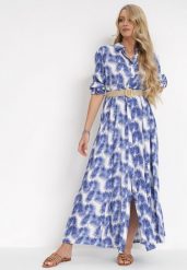 Niebieska Rozkloszowana Sukienka Maxi z Plecionym Paskiem i Wsuwanymi Kieszeniami Suttyn. Niebieskie sukienki damskie Born2be, bez wzorów, bez ramiączek. Za 169.99 zł.