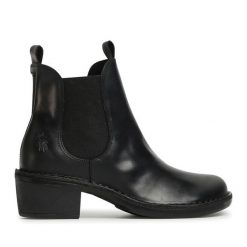 Botki Fly London. Czarne botki damskie Fly London, bez obcasa, na słupku, bez zapięcia. Za 709.99 zł.