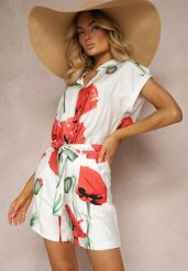 Beżowo-Czerwone Szorty Bermudy z Wzorem w Maki i Wiązaniem w Pasie Liecara. Brązowe szorty damskie Renee, bez wzorów, z materiału. Za 74.99 zł.