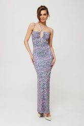 Dopasowana Sukienka z Nadrukiem i Wiązaniem w Dekolcie - Model 2. Czarne sukienki damskie MOE, bez wzorów, z elastanu, wizytowe, bez ramiączek. Za 307.90 zł.