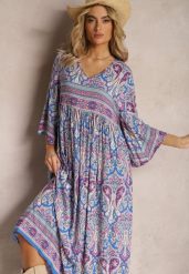 Niebiesko-Fioletowa Rozkloszowana Sukienka we Wzór Paisley z Rękawem 3/4 Briarwa. Niebieskie sukienki damskie Renee, bez wzorów, eleganckie, bez ramiączek. W wyprzedaży za 56.99 zł.
