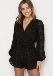 Czarny Krótki Kombinezon z Siateczkowymi Rękawami i Wiązanym Paskiem Zenalea. Czarne sukienki damskie Born2be, bez wzorów, eleganckie, bez ramiączek. Za 149.99 zł.