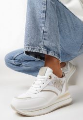 Biało-Beżowe Sneakersy na Grubej Podeszwie Zdobione Brokatem i Naszywkami Gevia. Białe obuwie sportowe damskie Born2be, bez zapięcia. Za 109.99 zł.