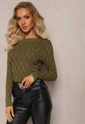 Zielony Sweter z Okrągłym Dekoltem i Tłoczeniami w Kształcie Liści Timaphone. Zielone swetry klasyczne damskie Renee, bez kołnierzyka. Za 54.99 zł.