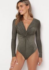 Złote Brokatowe Body z Głębokim Dekoltem Tialeta. Żółte body i gorsety Born2be, bez wzorów, z tkaniny. Za 54.99 zł.