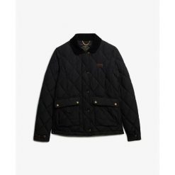 Damska kurtka puchowa Superdry Cord Trimmed Liner. Czarne kurtki damskie Superdry, bez wzorów, z puchu, bez kaptura. Za 556.95 zł.