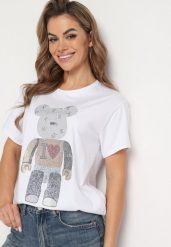 Biały T-shirt Koszulka z Bawełny z Ozdobnymi Cyrkoniami Risani. Białe bluzki damskie Born2be, bez wzorów, z bawełny, bez kołnierzyka, bez ramiączek. Za 54.99 zł.