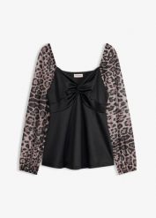 Bluzka z długim rękawem z siateczki. Czarne bluzki damskie bonprix, bez wzorów, eleganckie, bez kołnierzyka, bez ramiączek. Za 44.99 zł.