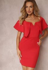 Czerwona Dopasowana Sukienka z Szeroką Falbaną Miskli. Czerwone sukienki damskie Renee, bez wzorów, eleganckie, bez ramiączek. W wyprzedaży za 91.99 zł.