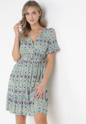 Zielona Wiskozowa Sukienka Mini z Gumką i Materiałowym Paskiem w Pasie Upshaw. Zielone sukienki damskie Born2be, bez wzorów, z materiału, bez ramiączek. Za 89.99 zł.