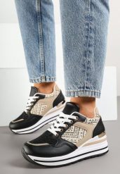 Czarne Sneakersy na Koturnie Ozdobione Brokatem Tilliante. Czarne obuwie sportowe damskie Born2be, z jeansu, bez zapięcia. Za 89.99 zł.
