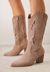 Ciemnobeżowe Ażurowe Botki Kowbojki VICES na Słupku Falenatea. Brązowe botki damskie Renee, na wiosnę, z jeansu, eleganckie, bez obcasa, na obcasie, bez zapięcia. Za 169.99 zł.