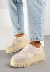 Jasnobeżowe Sneakersy na Grubej Podeszwie z Ozdobnym Paskiem Viviriana. Brązowe obuwie sportowe damskie Born2be, na lato, z jeansu, bez zapięcia. Za 89.99 zł.