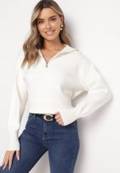 Biały Sweter z Golfem Zapinanym na Zamek Tihanas. Białe golfy damskie Born2be, m, bez kołnierzyka. Za 84.99 zł.