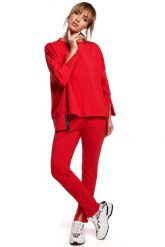 Wygodna Prosta Bluza z Lampasem - Czerwona. Czerwone bluzy damskie MOE, l, bez wzorów, z bawełny, bez kaptura. Za 229.90 zł.