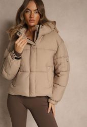 Beżowa Kurtka Puffer z Pikowaniem Kapturem i Kieszonką przy Rękawie Galeida. Brązowe kurtki damskie Renee, xl, bez wzorów, z jeansu. Za 179.99 zł.