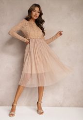 Ciemnobeżowa Elegancka Tiulowa Sukienka o Rozkloszowanym Kroju z Koronką Samelba. Brązowe sukienki damskie Renee, bez wzorów, z koronki, eleganckie, bez ramiączek. Za 109.99 zł.