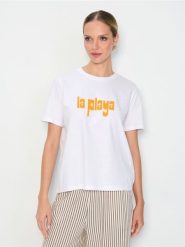 Bawełniana koszulka z napisem La Playa - biały. Białe koszulki damskie Sinsay, l, bez wzorów, z bawełny, bez kołnierzyka, bez ramiączek. Za 19.99 zł.