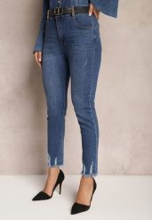 Granatowe Jeansy Skinny z Przedarciami i Łańcuszkami na Szlufkach Reila. Niebieskie jeansy damskie Renee, bez wzorów, z jeansu. Za 89.99 zł.