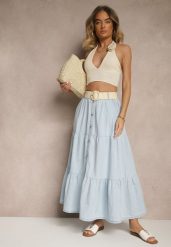 Jasnoniebieska Jeansowa Spódnica z Bawełny o Rozkloszowanym Kroju z Paskiem i Guziczkami Nattenira. Niebieskie spódnice damskie Renee, na co dzień, m, bez wzorów, z bawełny, eleganckie, maxi. Za 119.99 zł.