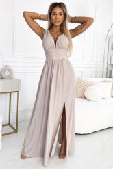 Beżowa Maxi Sukienka z Połyskującym Wykończeniem. Brązowe sukienki damskie NUMOCO, bez wzorów, z elastanu, wizytowe, bez ramiączek. Za 289.90 zł.