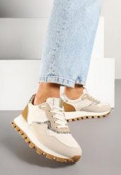 Beżowe Sneakersy z Geometrycznym Wzorem Korisoria. Brązowe obuwie sportowe damskie Renee, bez zapięcia. Za 89.99 zł.