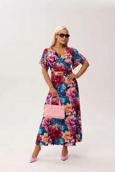 Sukienka kopertowa Valencia Peony MAXI z falującym rękawem i kobiecym dekoltem PLUS SIZE OVERSIZE WIOSNA LATO. Białe sukienki damskie Moda Size Plus Iwanek, bez wzorów, z elastanu, eleganckie, bez ramiączek. Za 359.90 zł.