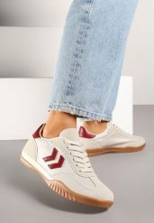Beżowo-Czerwone Sneakersy Typu Kultowe Tenisówki Zdobione Przeszyciami Mepenna. Brązowe obuwie sportowe damskie Renee, z aplikacjami, z jeansu, bez zapięcia. Za 79.99 zł.