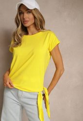 Żółty T-shirt z Bawełny z Ozdobnym Wiązaniem Termio. Żółte t-shirty damskie Renee, m, bez wzorów, z bawełny, bez kołnierzyka. Za 29.99 zł.