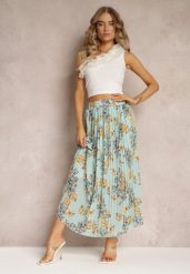 Miętowa Spódnica Ozdobiona Plisami z Gumką w Pasie i Elastyczną Podszewką Vislo. Zielone spódnice damskie Renee, na lato, bez wzorów, boho, maxi. Za 54.99 zł.